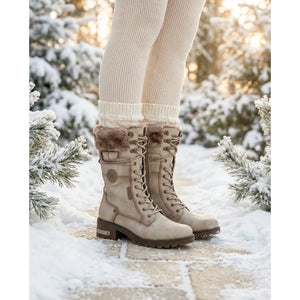 Women's Off White Mid-Calf Faux Fur Winter Combat Boots-TruClothing