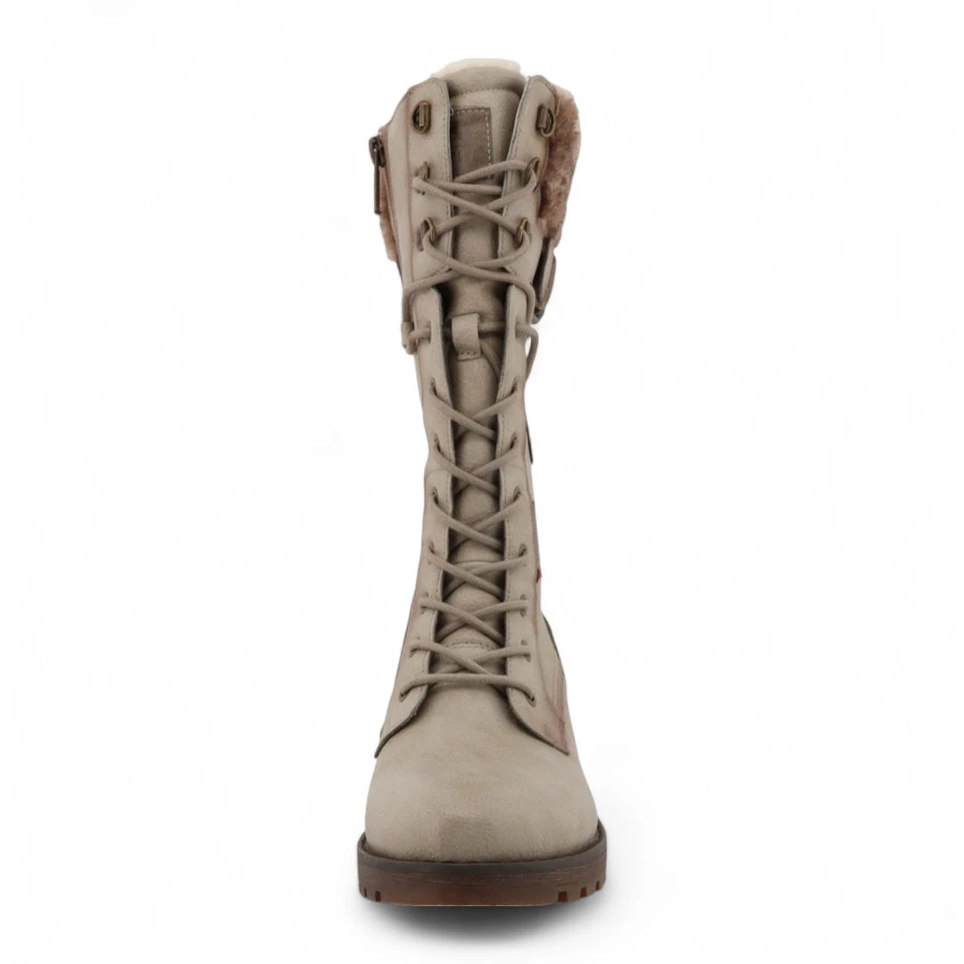 Women's Off White Mid-Calf Faux Fur Winter Combat Boots-TruClothing