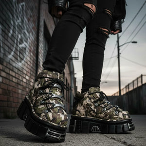 New Rock M-106-C169 Camouflage Leather Gothic Ankle Boots-TruClothing