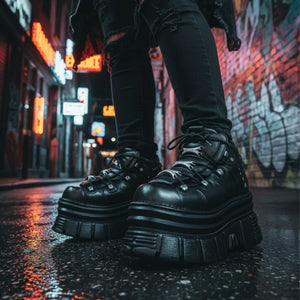 New Rock M-106-C178 Black Gothic Punk Chunky Ankle Boots-TruClothing