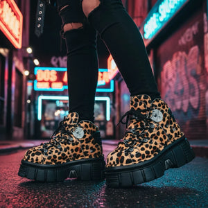 New Rock M-106-C192 Leopard Brown Leather Gothic Ankle Boots-TruClothing