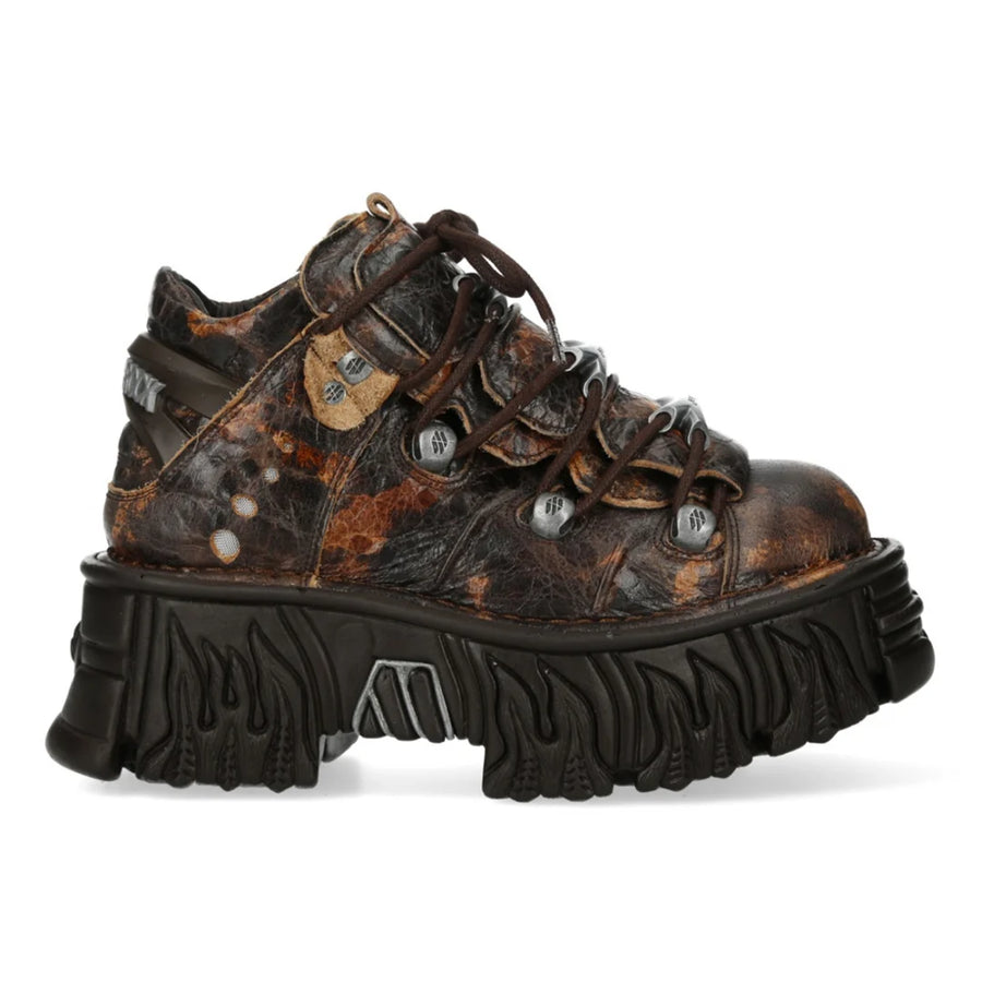 New Rock M-106-C194 Brown Flame Leather Ankle Platform Boots-TruClothing