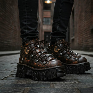 New Rock M-106-C194 Brown Flame Leather Ankle Platform Boots-TruClothing