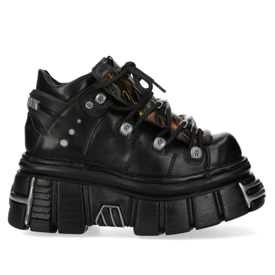 New Rock M-106N-C86 Black Flame Leather Ankle Platform Boots-TruClothing