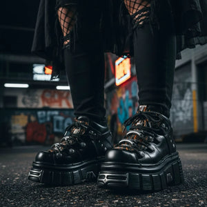 New Rock M-106N-C86 Black Flame Leather Ankle Platform Boots-TruClothing