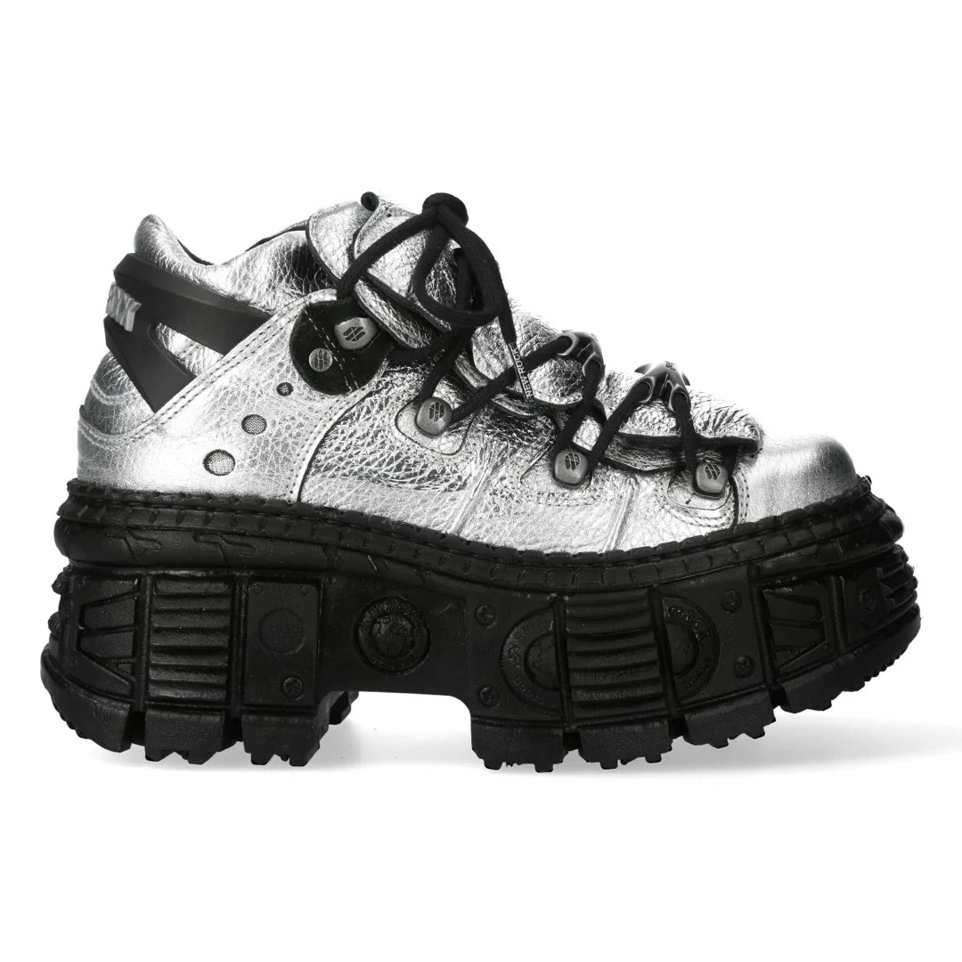 New Rock M-106WALL-C16 Silver Black Leather Ankle Boots-TruClothing