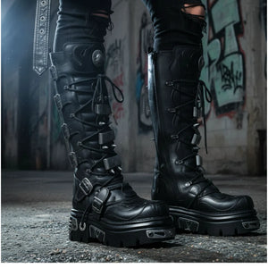 New Rock M-161-C10 Knee High Black Leather Gothic Boots-TruClothing