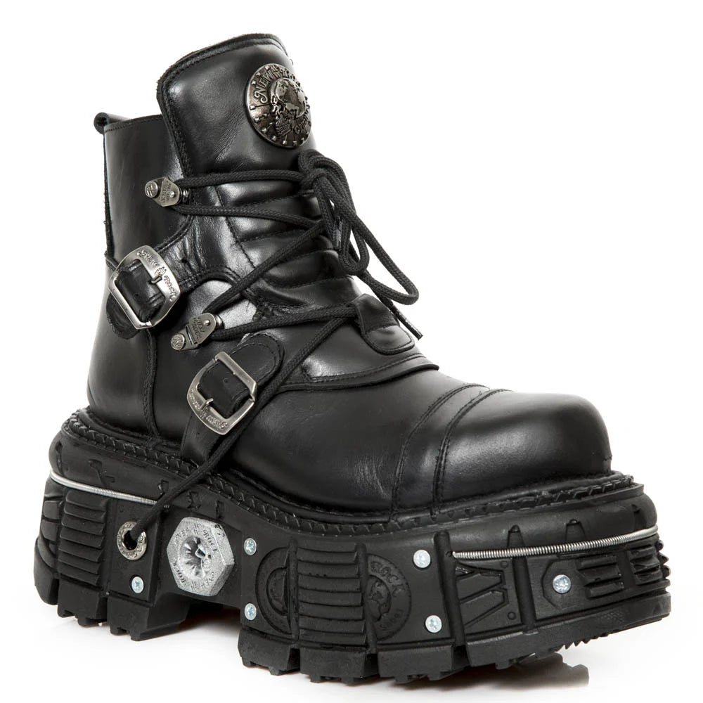 New Rock M-TANK007-S1 Black Leather Platform Ankle Boots-TruClothing