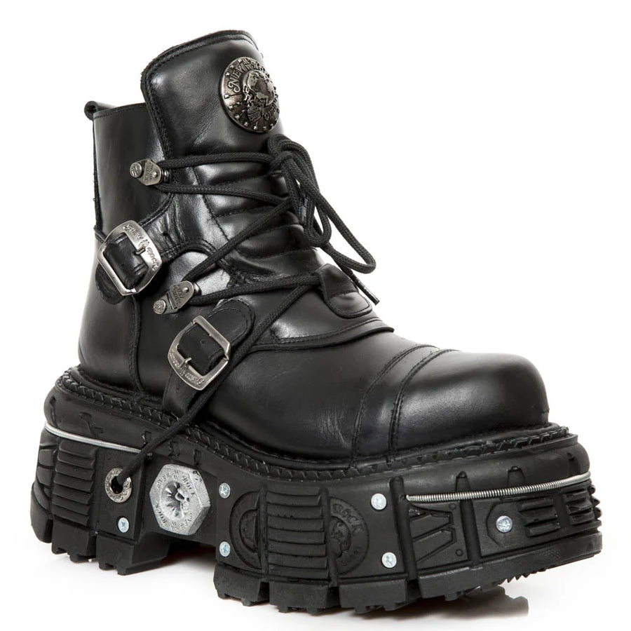 New Rock M-TANK007-S1 Black Leather Platform Ankle Boots-TruClothing