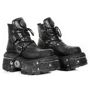 New Rock M-TANK007-S1 Black Leather Platform Ankle Boots-TruClothing