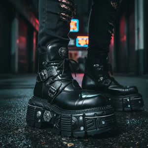 New Rock M-TANK007-S1 Black Leather Platform Ankle Boots-TruClothing