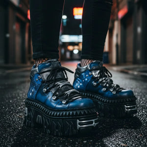 New Rock M-WALL106N-C16 Blue Leather Gothic Rock Ankle Boots-TruClothing