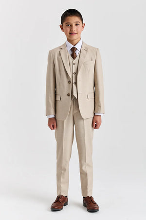 Belmont - Boys Beige Classic Stitch Lapel 3 Piece Suit