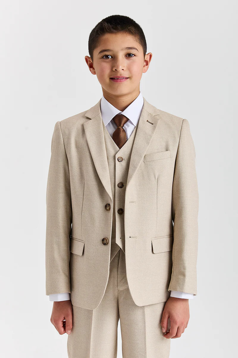 Belmont - Boys Beige Classic Stitch Lapel 3 Piece Suit