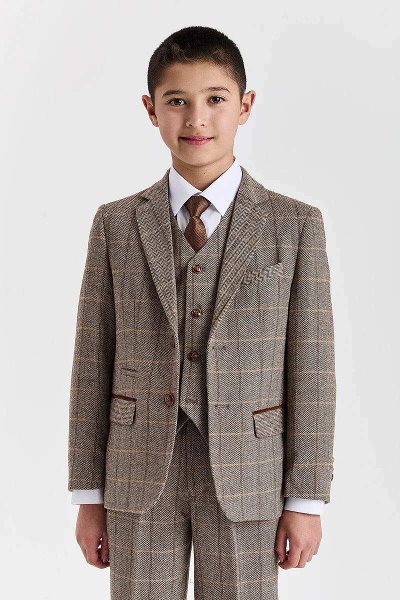 Harris - Boys Brown 3 Piece Wool Blend Tweed Suit-TruClothing