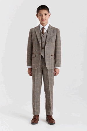 Harris - Boys Brown 3 Piece Wool Blend Tweed Suit-TruClothing