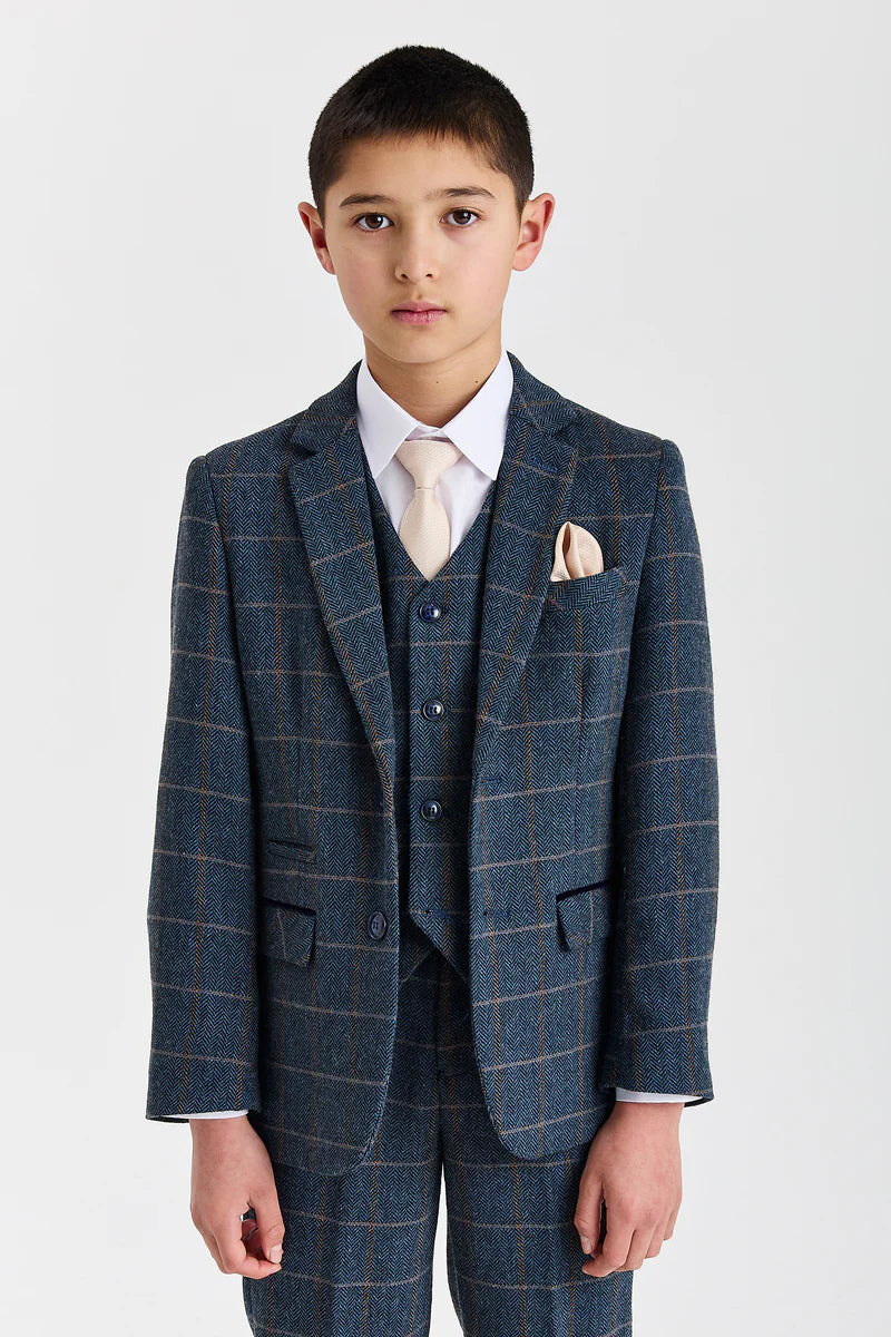 Harris - Boys Navy 3 Piece Wool Blend Tweed Suit