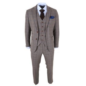 Harris - Men's Brown 3 Piece Herringbone Check Tweed Suit-TruClothing