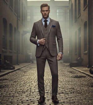 Harris - Men's Brown 3 Piece Herringbone Check Tweed Suit-TruClothing