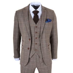 Harris - Men's Brown 3 Piece Herringbone Check Tweed Suit-TruClothing