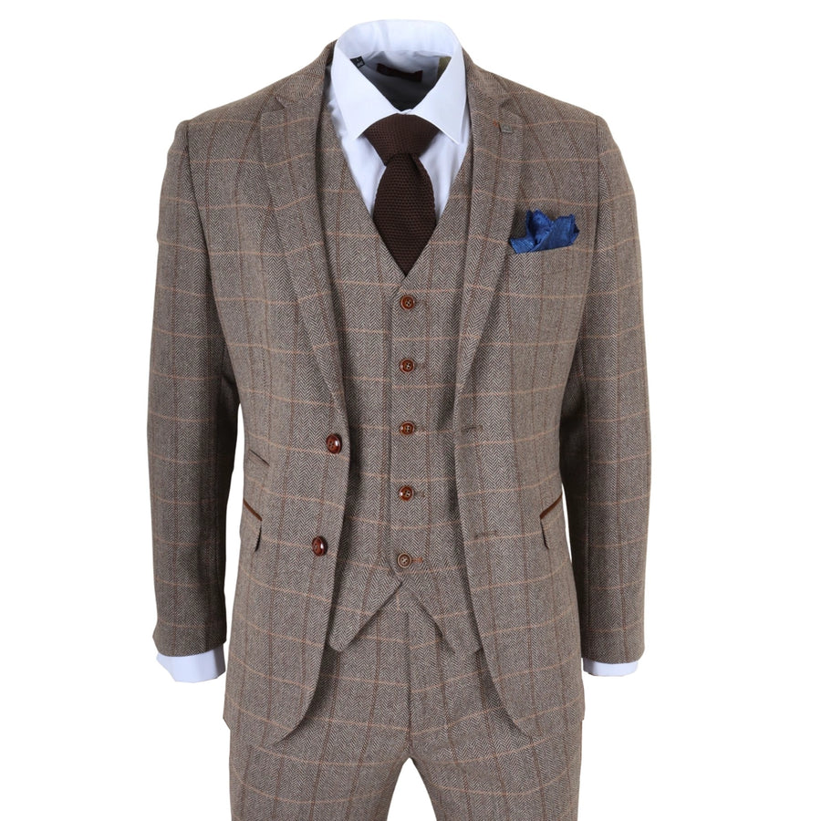 Harris - Men's Brown 3 Piece Herringbone Check Tweed Suit-TruClothing