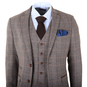 Harris - Men's Brown 3 Piece Herringbone Check Tweed Suit-TruClothing