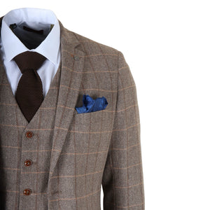Harris - Men's Brown 3 Piece Herringbone Check Tweed Suit-TruClothing