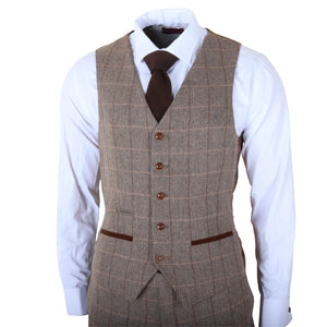 Harris - Men's Brown 3 Piece Herringbone Check Tweed Suit-TruClothing