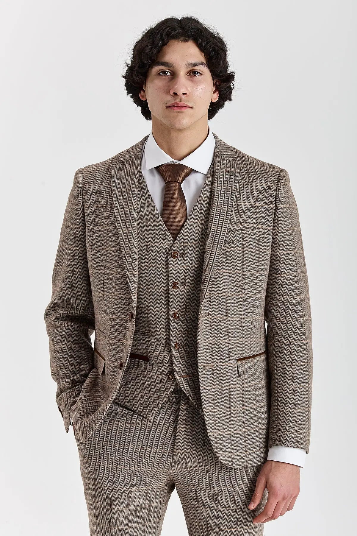 Harris - Men's Brown Tweed Herringbone Check Blazer-TruClothing