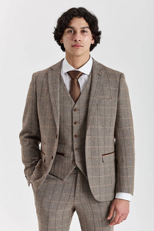 Harris - Men's Brown Tweed Herringbone Check Blazer-TruClothing