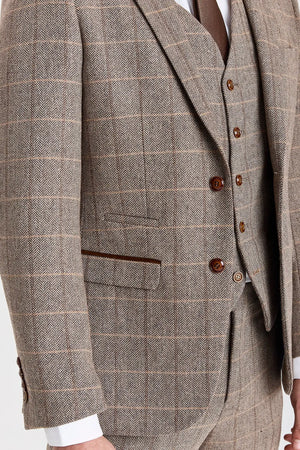 Harris - Men's Brown Tweed Herringbone Check Blazer-TruClothing