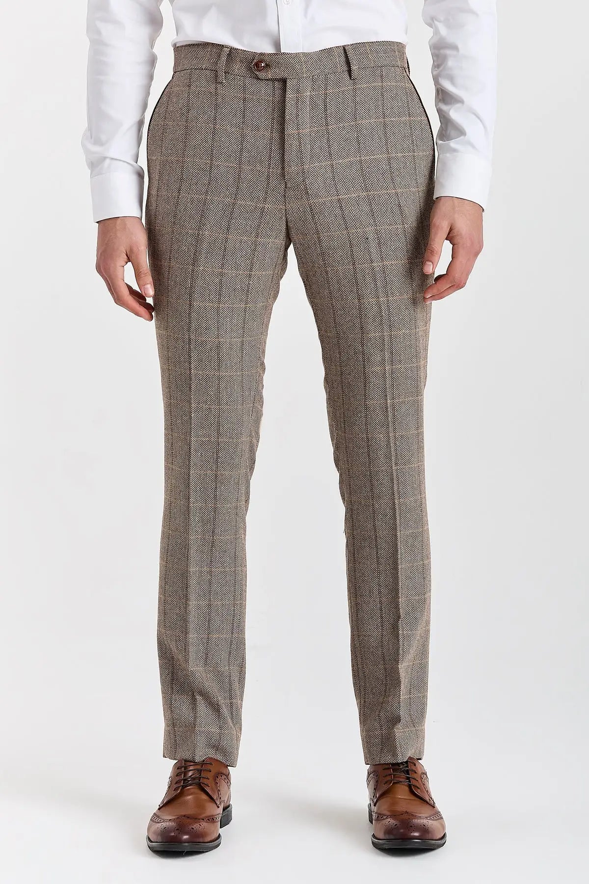 Harris - Men's Brown Tweed Herringbone Check Trousers-TruClothing