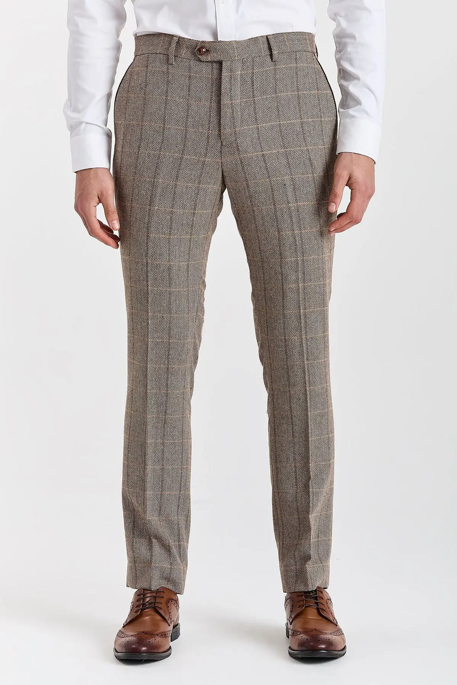 Harris - Men's Brown Tweed Herringbone Check Trousers-TruClothing