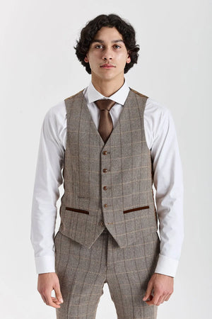 Harris - Men's Brown Tweed Herringbone Check Waistcoat-TruClothing