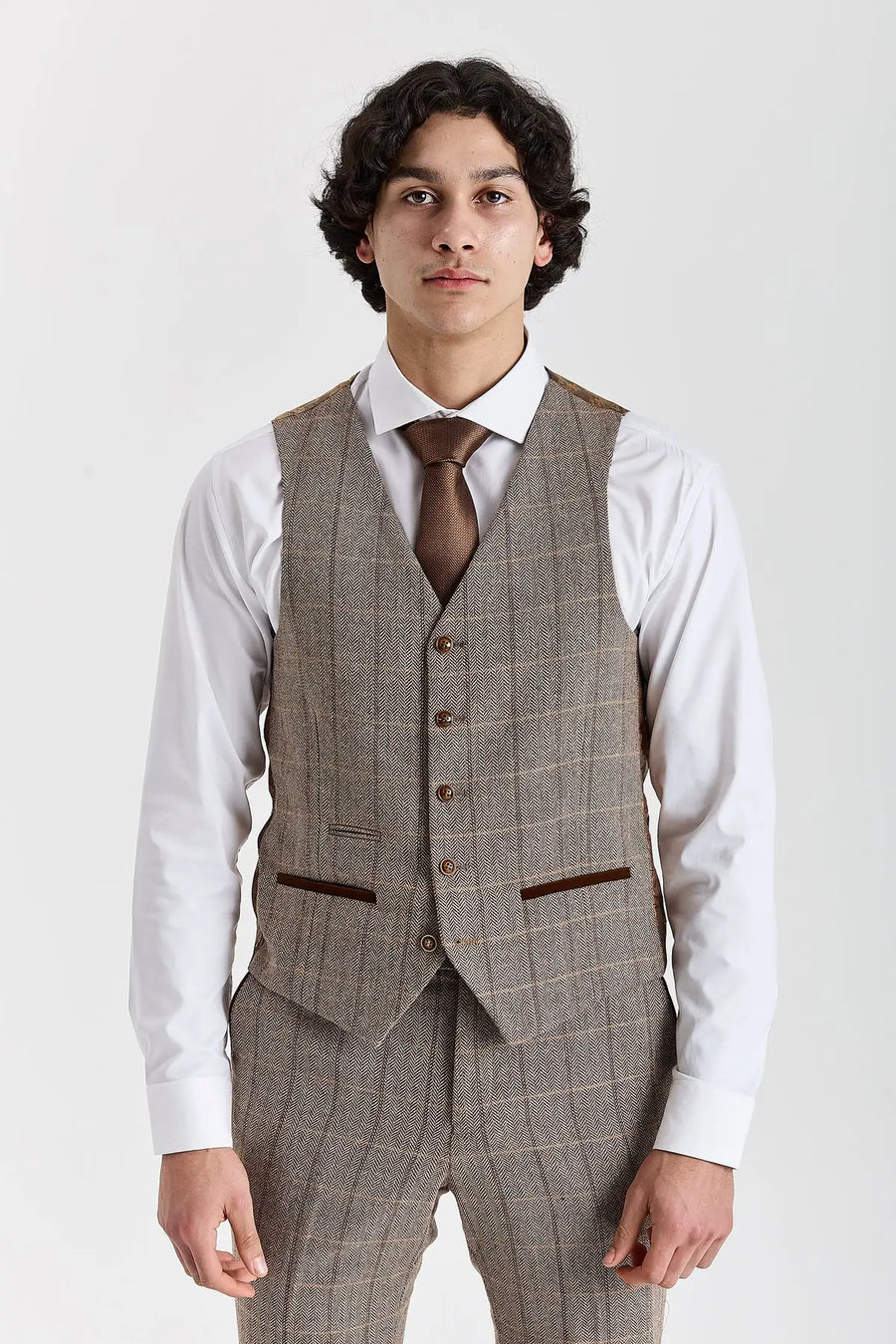 Harris - Men's Brown Tweed Herringbone Check Waistcoat-TruClothing
