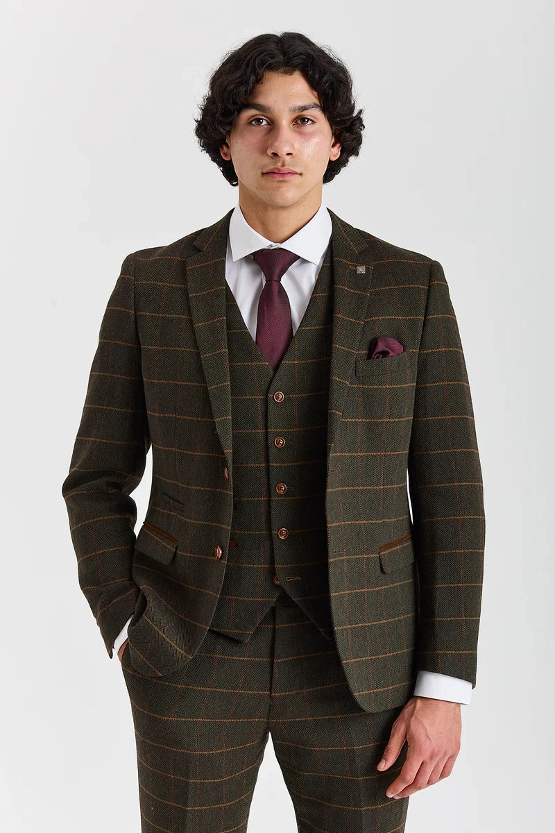 Harris - Men's Green 3 Piece Wool Blend Tweed Suit-TruClothing