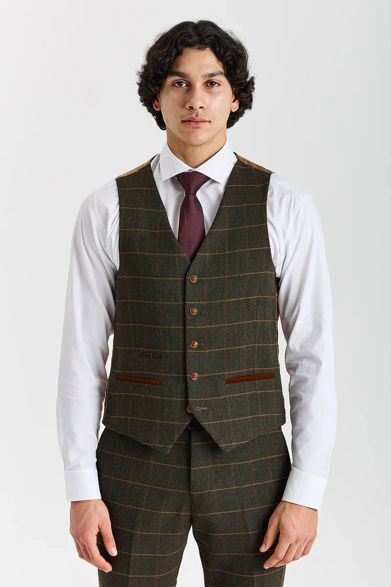 Harris - Men's Green Tweed Herringbone Check Waistcoat-TruClothing