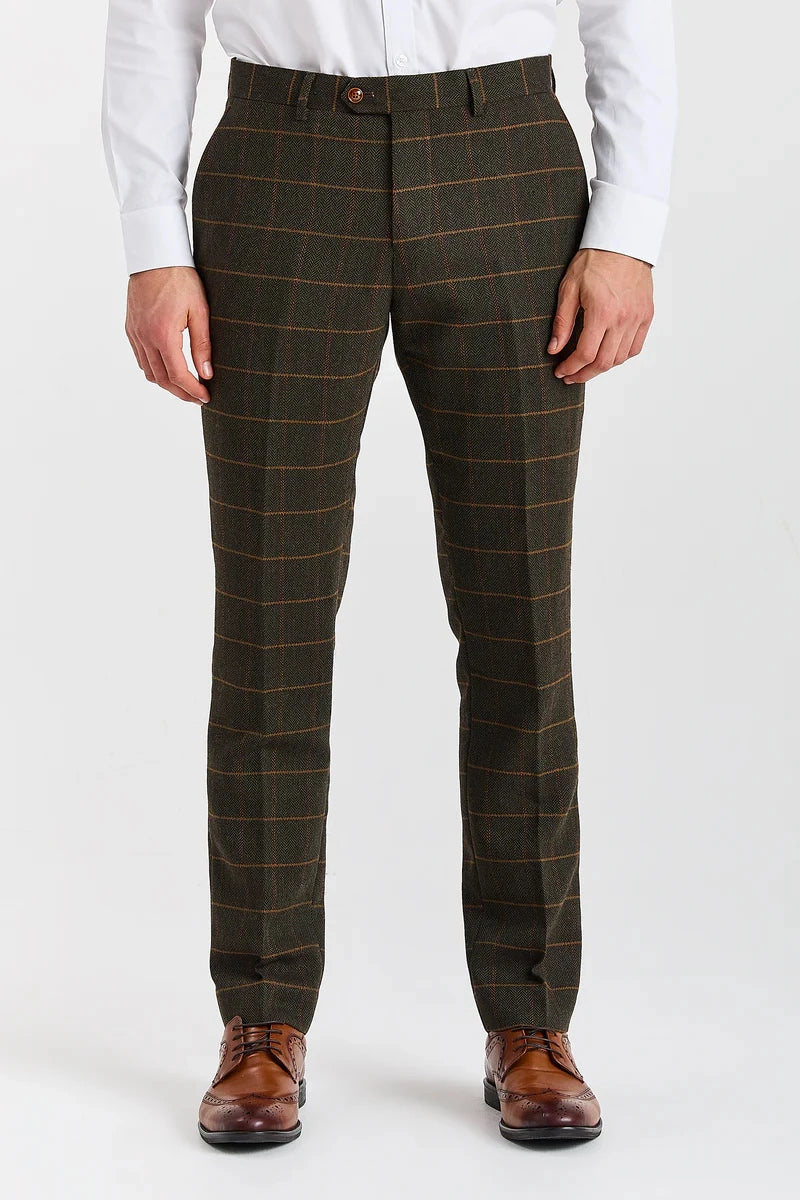 Harris - Men's Green Tweed Herringbone Check Trousers-TruClothing