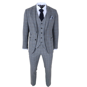 Harris - Men's Grey 3 Piece Herringbone Check Tweed Suit-TruClothing