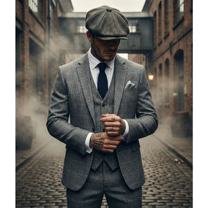 Harris - Men's Grey 3 Piece Herringbone Check Tweed Suit-TruClothing