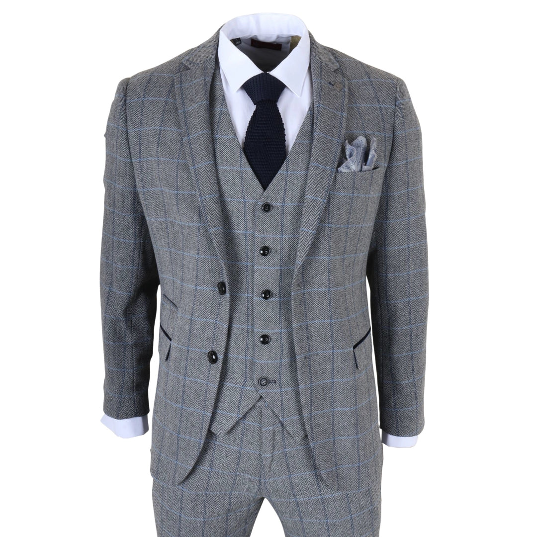 Harris - Men's Grey 3 Piece Herringbone Check Tweed Suit-TruClothing