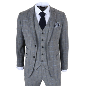 Harris - Men's Grey 3 Piece Herringbone Check Tweed Suit-TruClothing