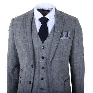 Harris - Men's Grey 3 Piece Herringbone Check Tweed Suit-TruClothing