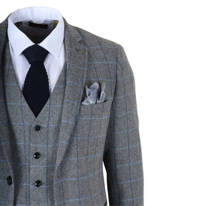 Harris - Men's Grey 3 Piece Herringbone Check Tweed Suit-TruClothing
