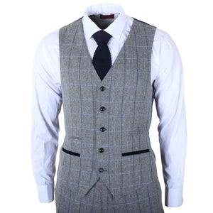 Harris - Men's Grey 3 Piece Herringbone Check Tweed Suit-TruClothing