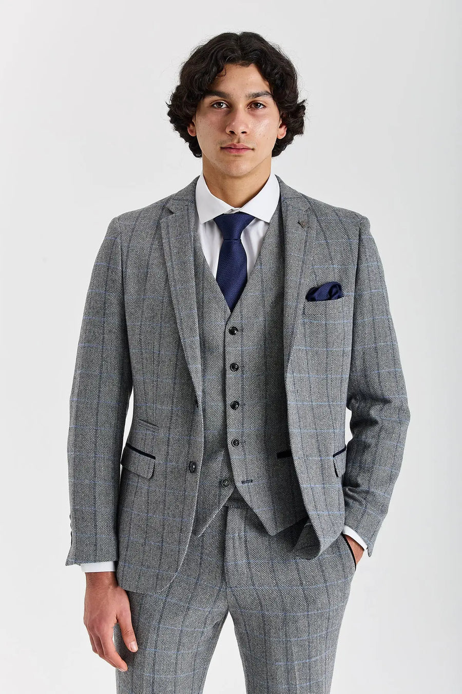 Harris - Men's Grey Tweed Herringbone Check Blazer-TruClothing