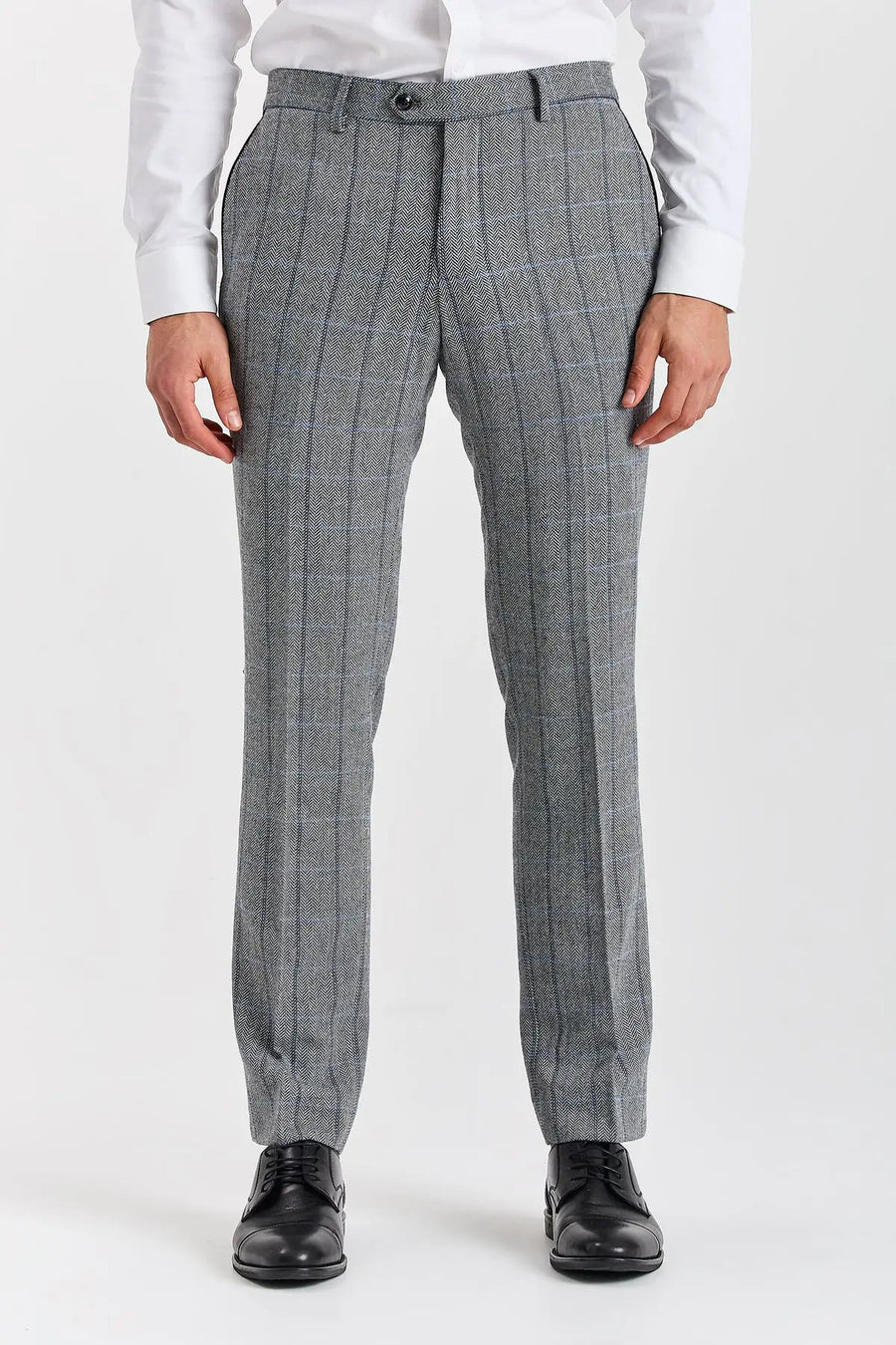 Harris - Men's Grey Tweed Herringbone Check Trousers-TruClothing