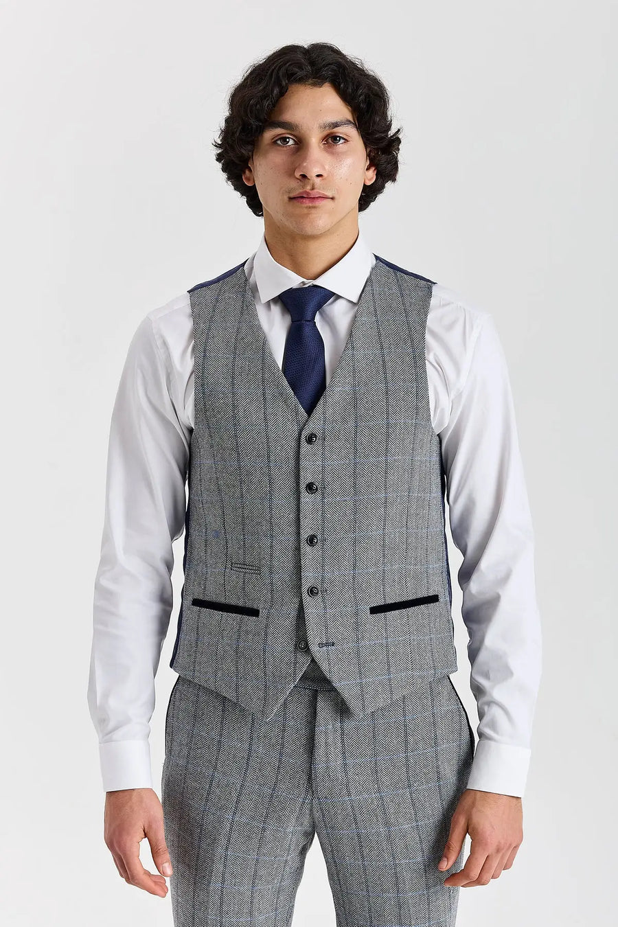 Harris - Men's Grey Tweed Herringbone Check Waistcoat-TruClothing
