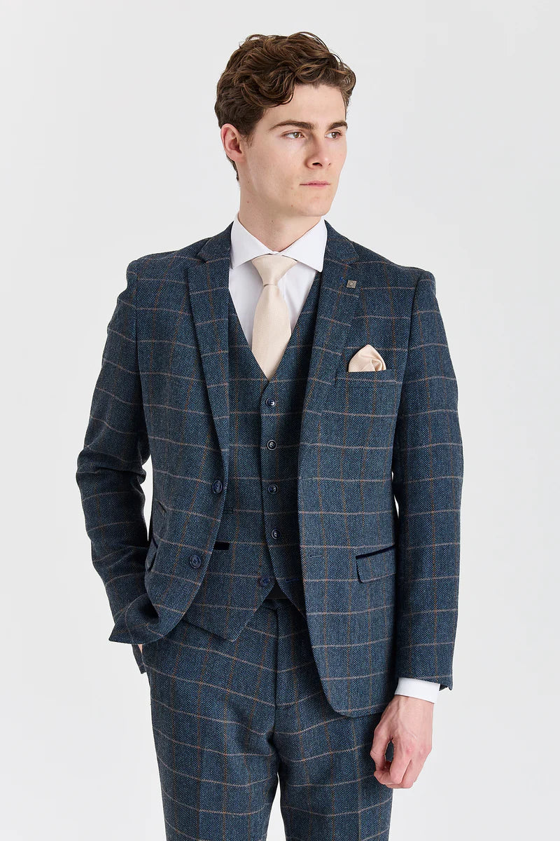 Harris - Men's Navy 3 Piece Wool Blend Tweed Suit