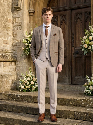 Blazer en tweed Harris Brown, avec gilet et pantalon Mayfair Stone